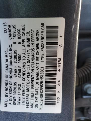 2HGFC2F62KH518863 | 2019 HONDA CIVIC LX