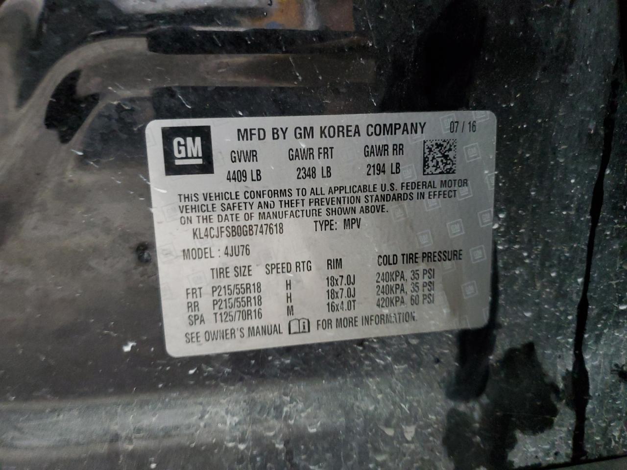 KL4CJFSB0GB747618 2016 Buick Encore Convenience