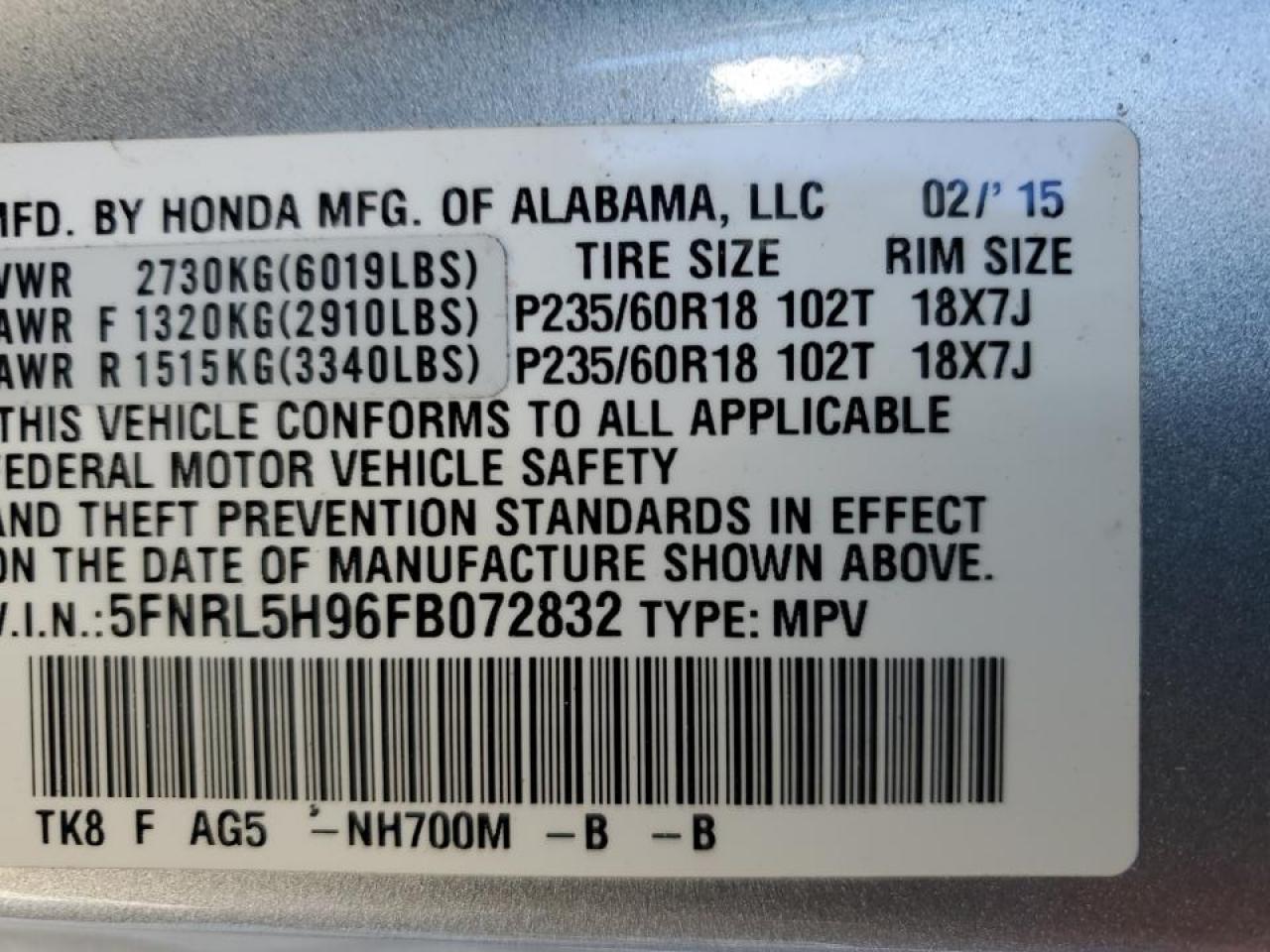 5FNRL5H96FB072832 2015 Honda Odyssey Touring