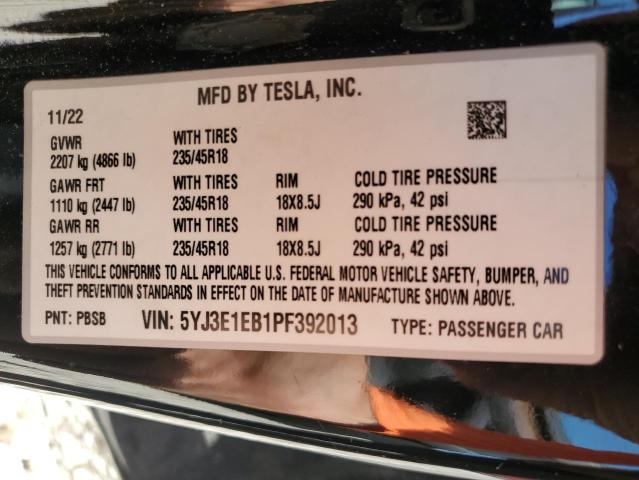 5YJ3E1EB1PF392013 | 2023 TESLA MODEL 3