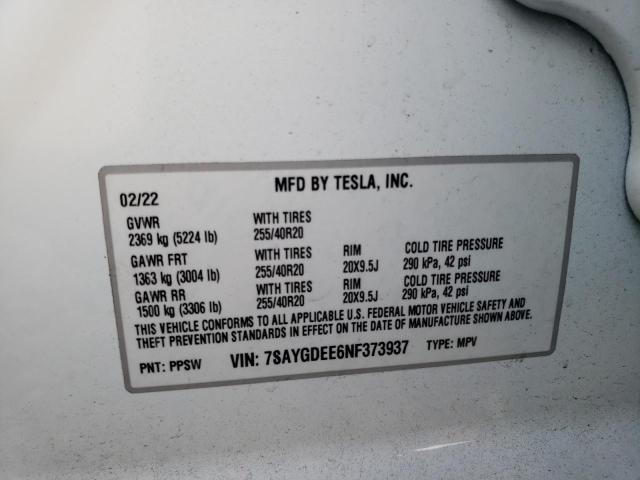 7SAYGDEE6NF373937 | 2022 TESLA MODEL Y