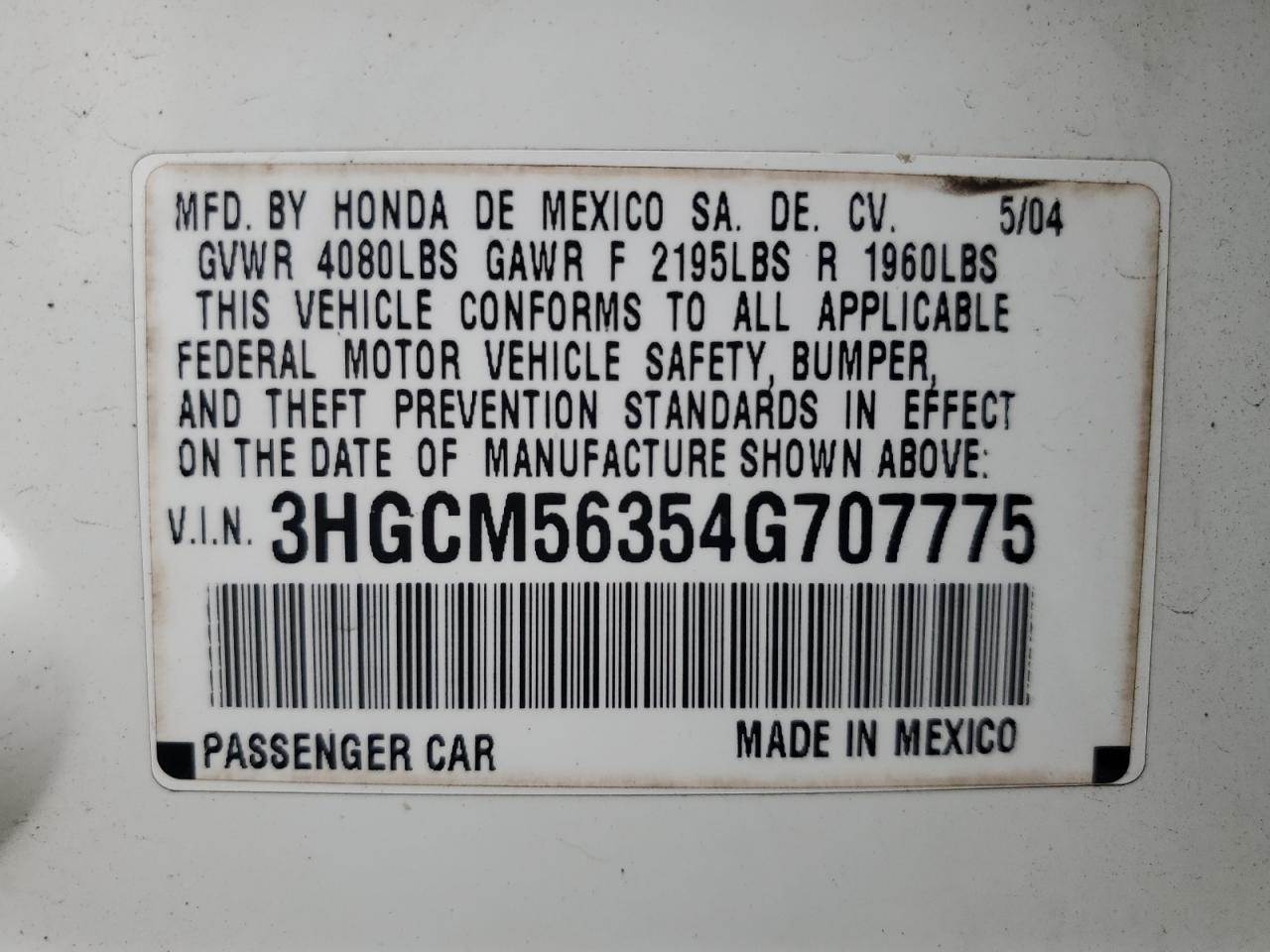 3HGCM56354G707775 2004 Honda Accord Lx