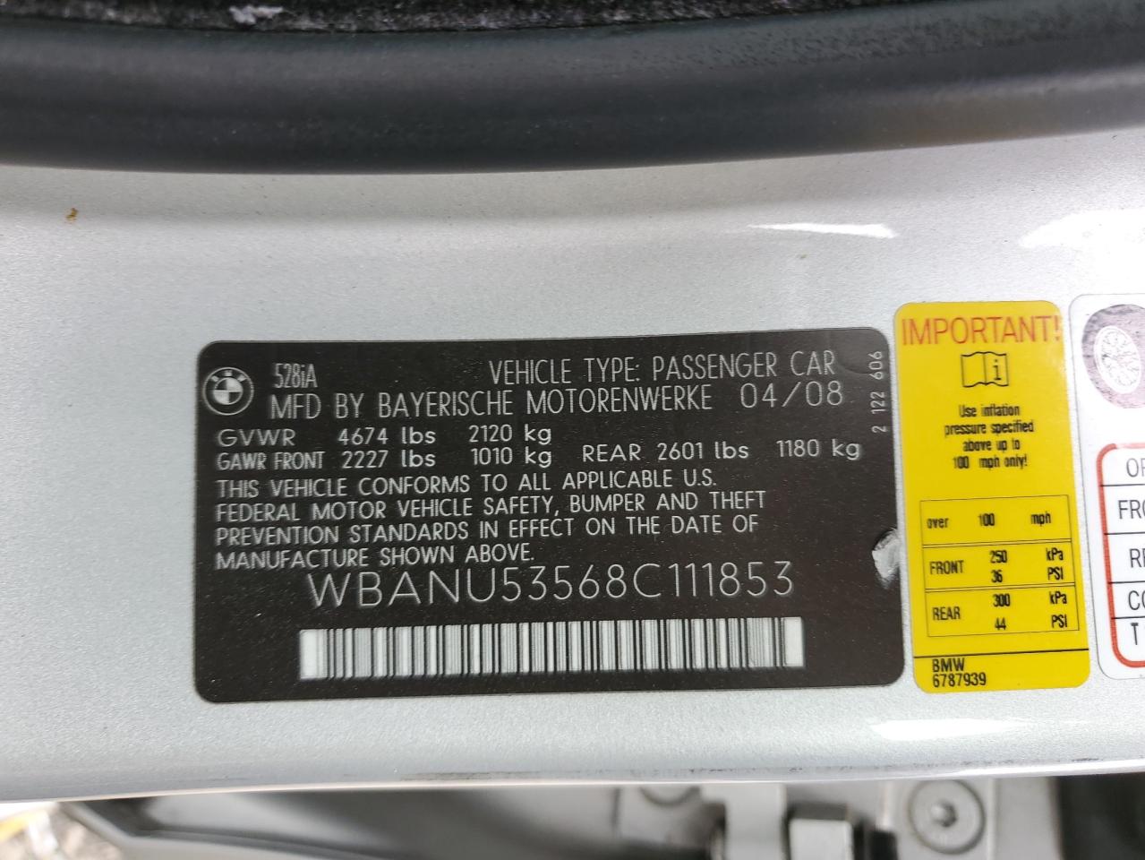 wbanu53568c111853 WBANU53568C111853 2008 BMW 528 I