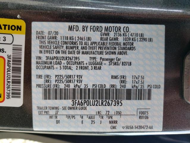 3FA6P0LU2LR267395 | 2020 FORD FUSION SE