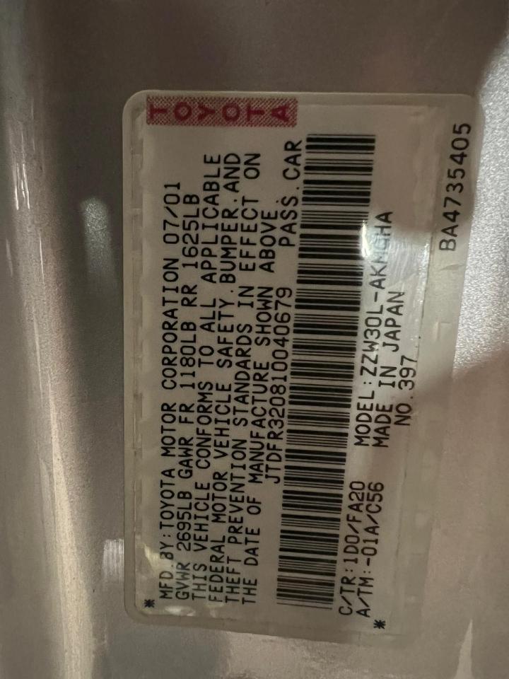 JTDFR320810040679 2001 Toyota Mr2 Spyder