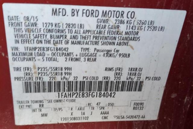 1FAHP2E83FG184042 | 2015 FORD TAURUS SEL