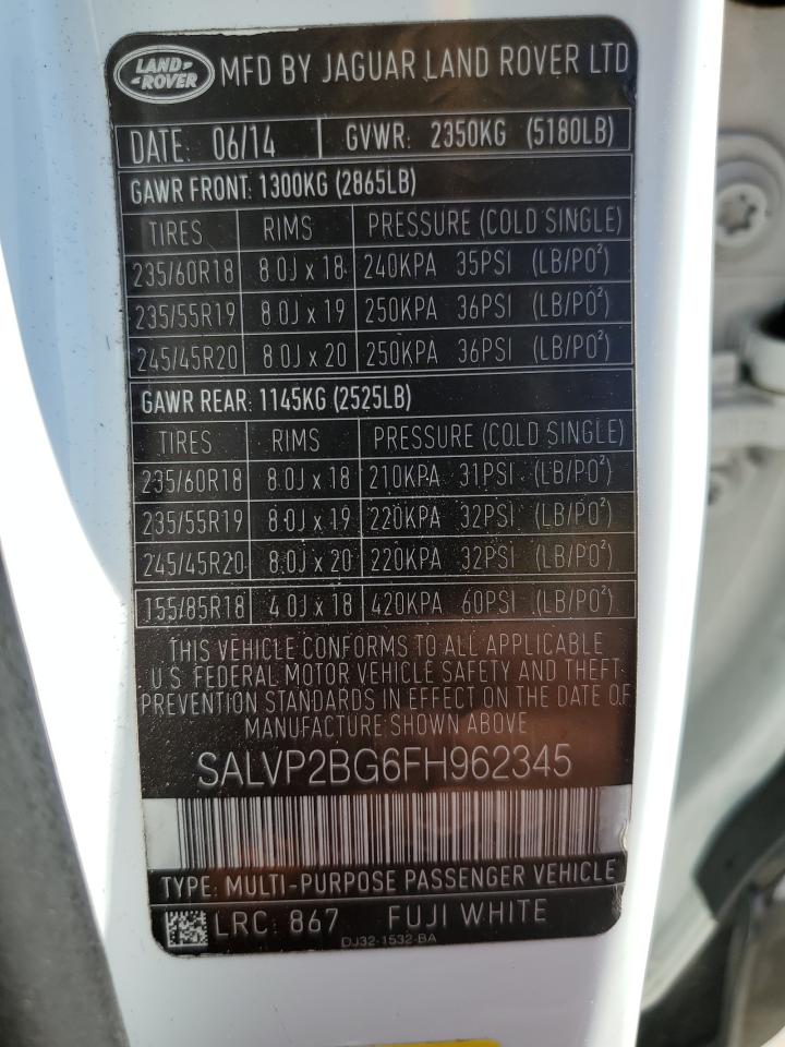 SALVP2BG6FH962345 2015 Land Rover Range Rover Evoque Pure Plus