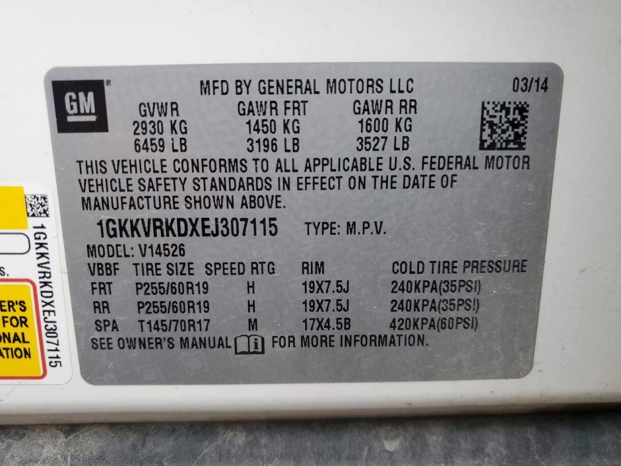 1GKKVRKDXEJ307115 2014 GMC Acadia Slt-1