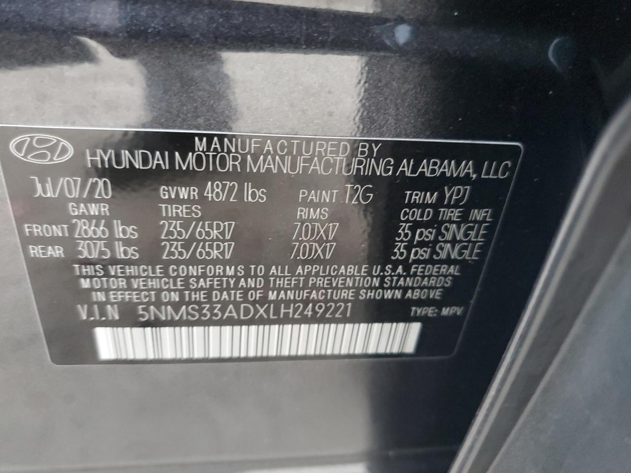 5NMS33ADXLH249221 2020 Hyundai Santa Fe Sel