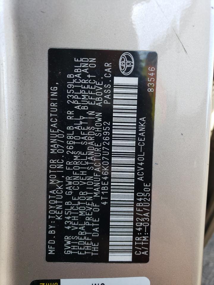 4T1BE46K07U726952 2007 Toyota Camry Ce 4T1BE46K07U726952 2007 Toyota Camry Ce