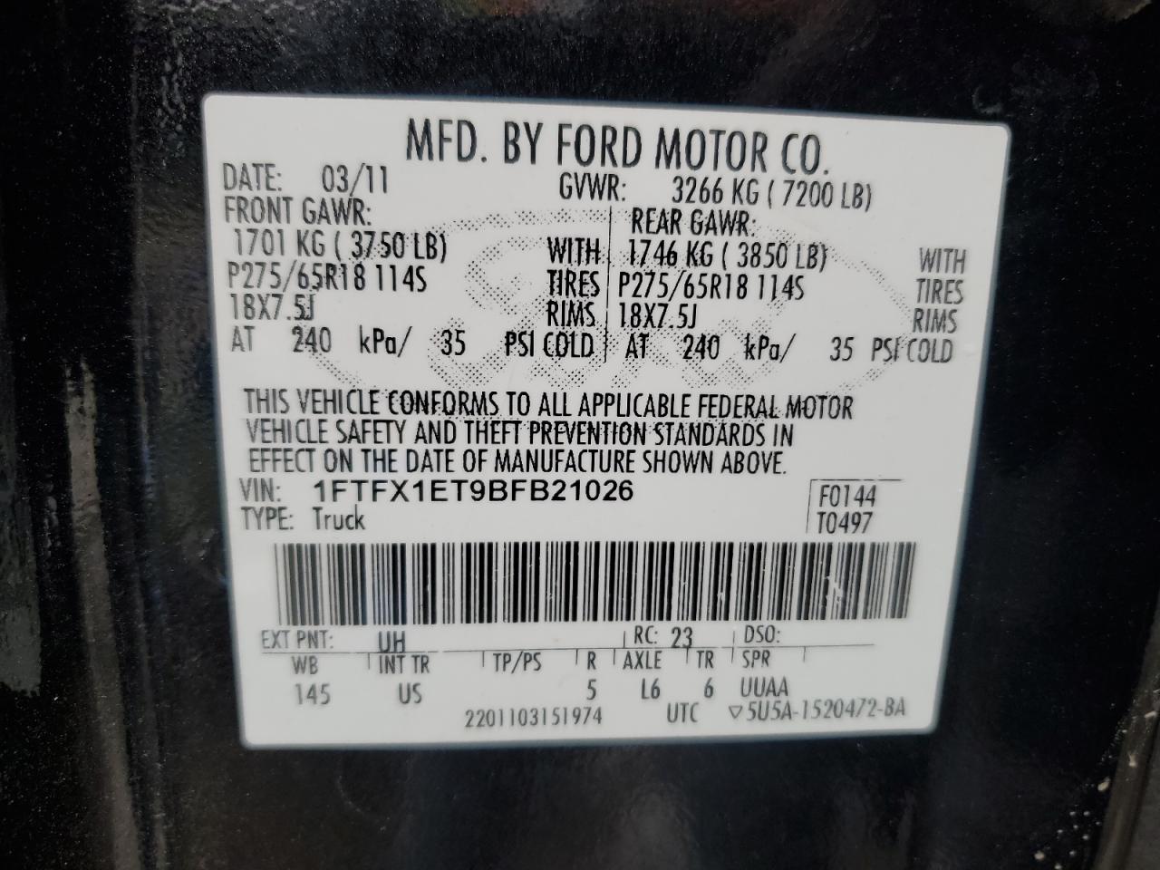 1FTFX1ET9BFB21026 2011 Ford F150 Super Cab