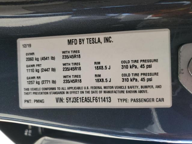 5YJ3E1EA5LF611413 | 2020 TESLA MODEL 3