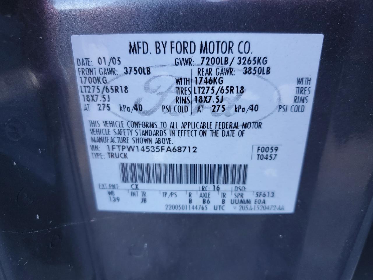 1FTPW14535FA68712 2005 Ford F150 Supercrew 1FTPW14535FA68712 2005 Ford F150 Supercrew