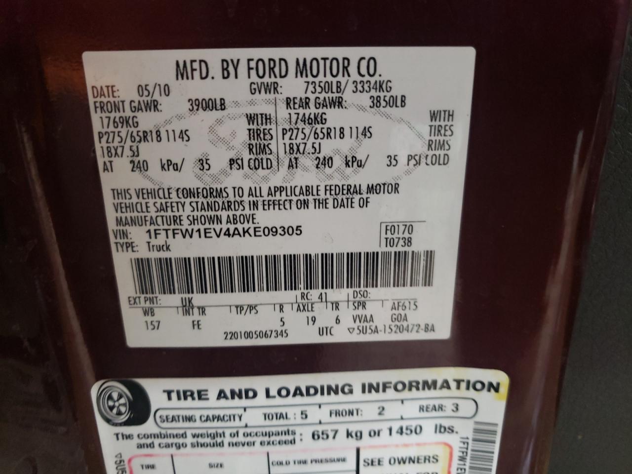 1FTFW1EV4AKE09305 2010 Ford F150 Supercrew