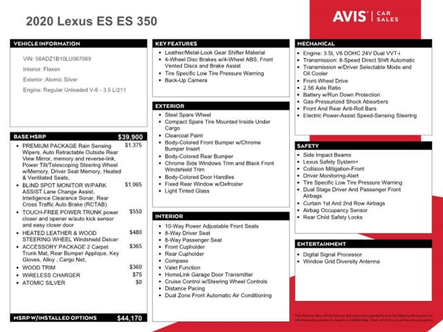  LEXUS ES350 2020 Сріблястий