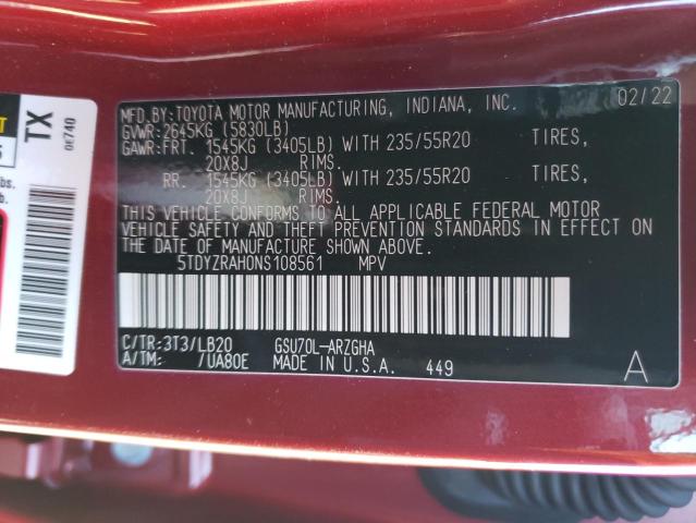 VIN 5TDYZRAH0NS108561 2022 Toyota Highlander, Limited no.12