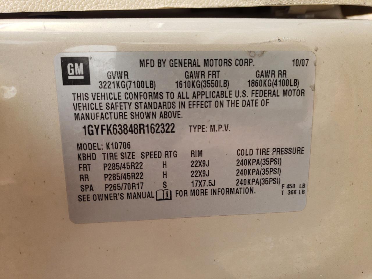1gyfk63848r162322 1GYFK63848R162322 2008 Cadillac Escalade Luxury
