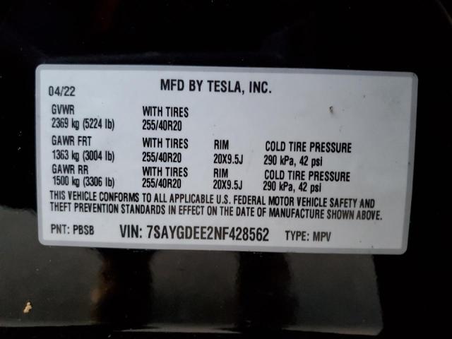 7SAYGDEE2NF428562 | 2022 TESLA MODEL Y