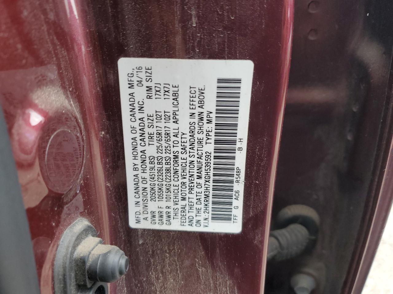 2HKRM3H7XGH539592 2016 Honda Cr-V Exl