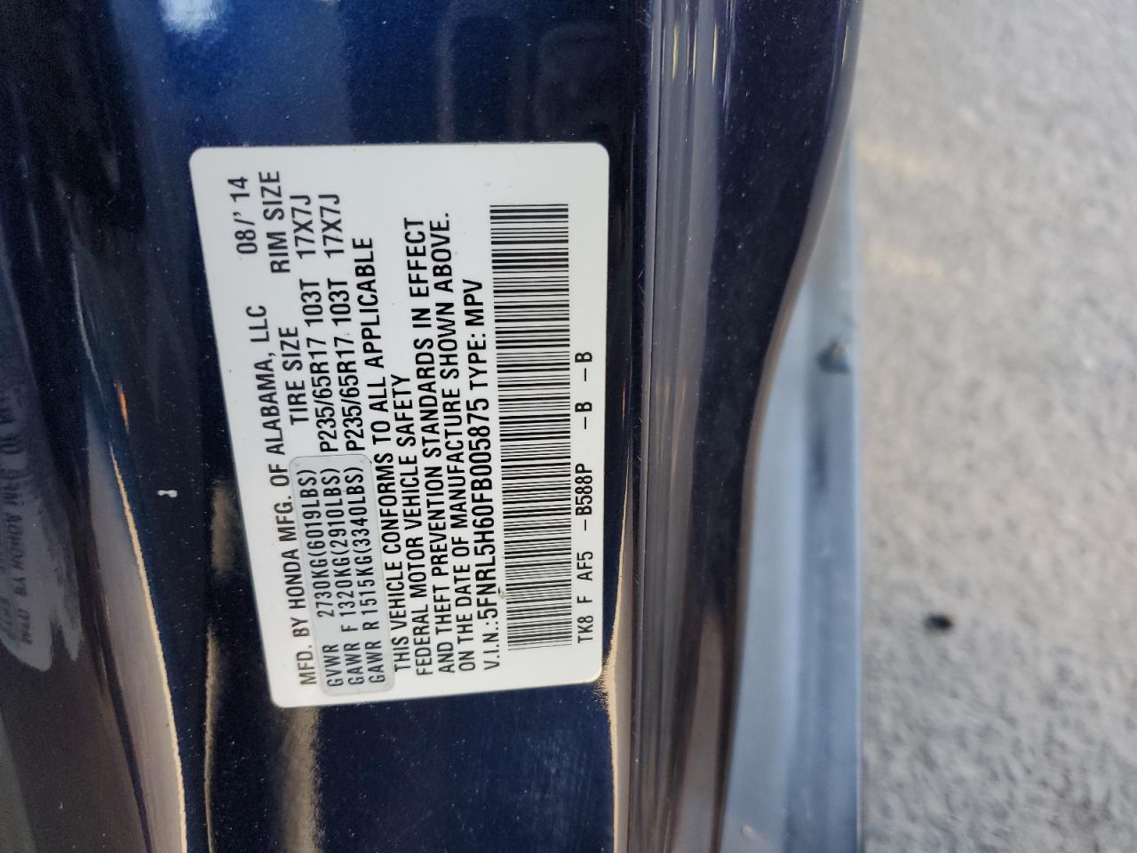 5FNRL5H60FB005875 2015 Honda Odyssey Exl