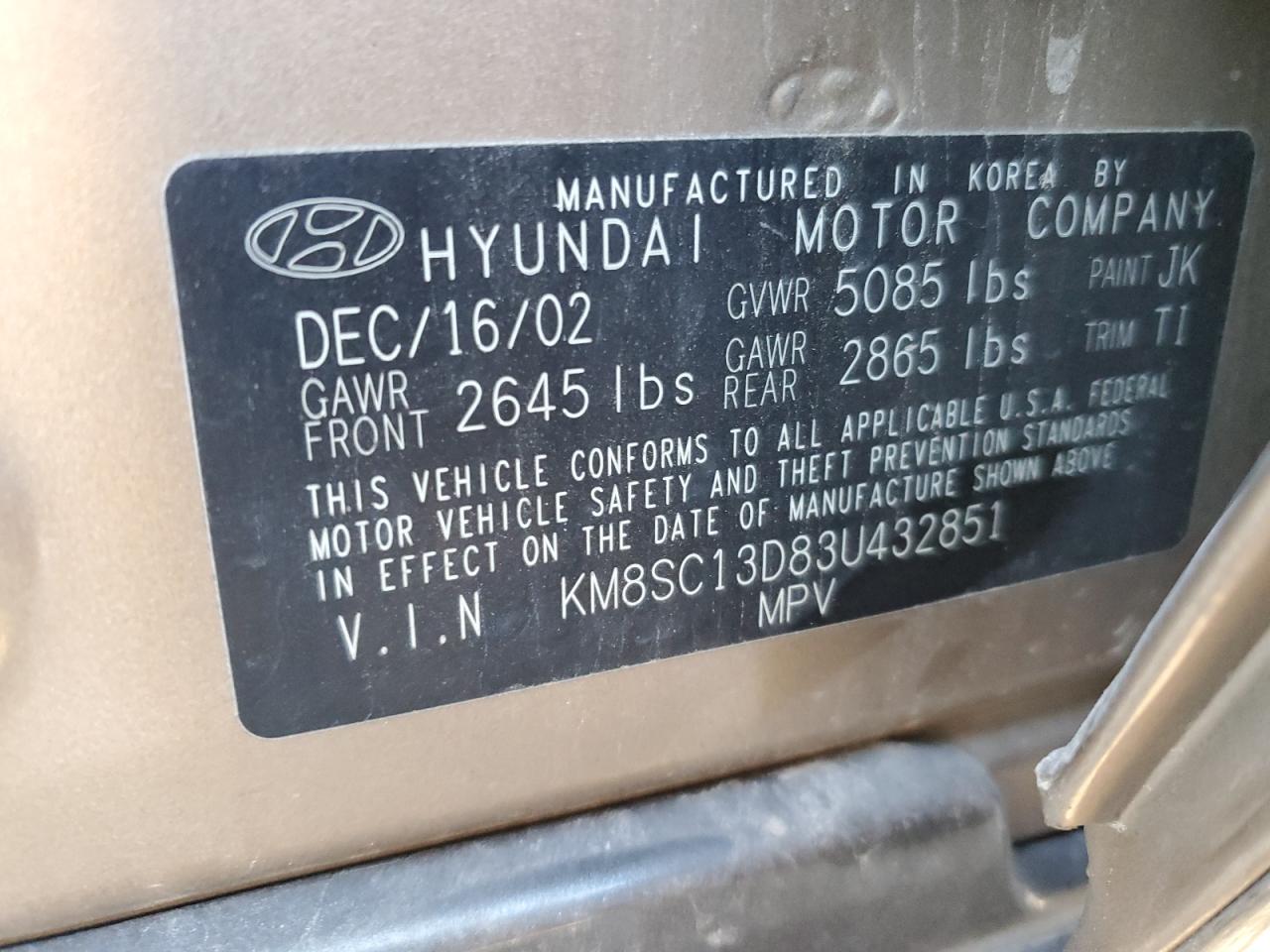 KM8SC13D83U432851 2003 Hyundai Santa Fe Gls