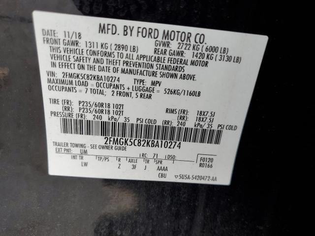 2FMGK5C82KBA10274 | 2019 FORD FLEX SEL