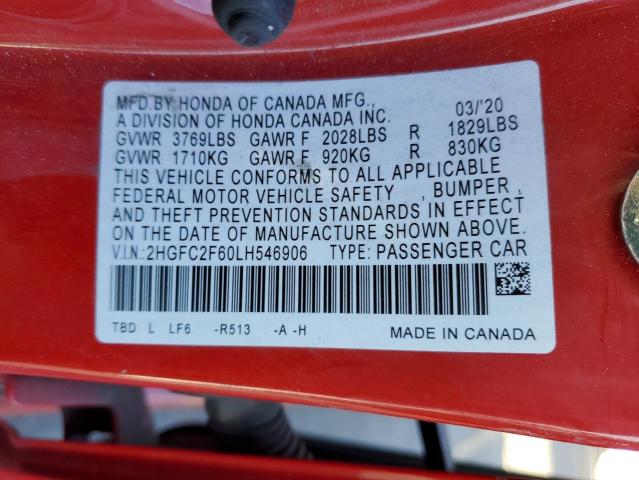 2020 HONDA CIVIC 4D E 2HGFC2F60LH546906