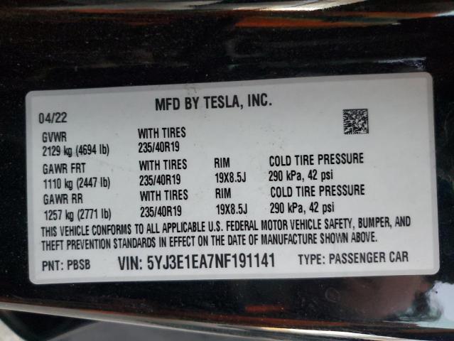 5YJ3E1EA7NF191141 Tesla MODEL 3