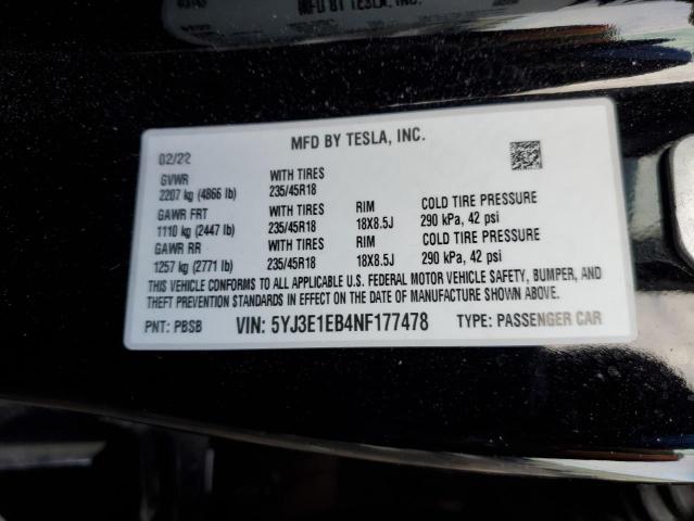 5YJ3E1EB4NF177478 | 2022 TESLA MODEL 3