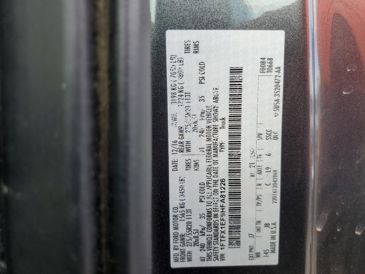 1FTFX1EF9HFA81226 2017 Ford F150 Super Cab 1FTFX1EF9HFA81226 2017 Ford F150 Super Cab