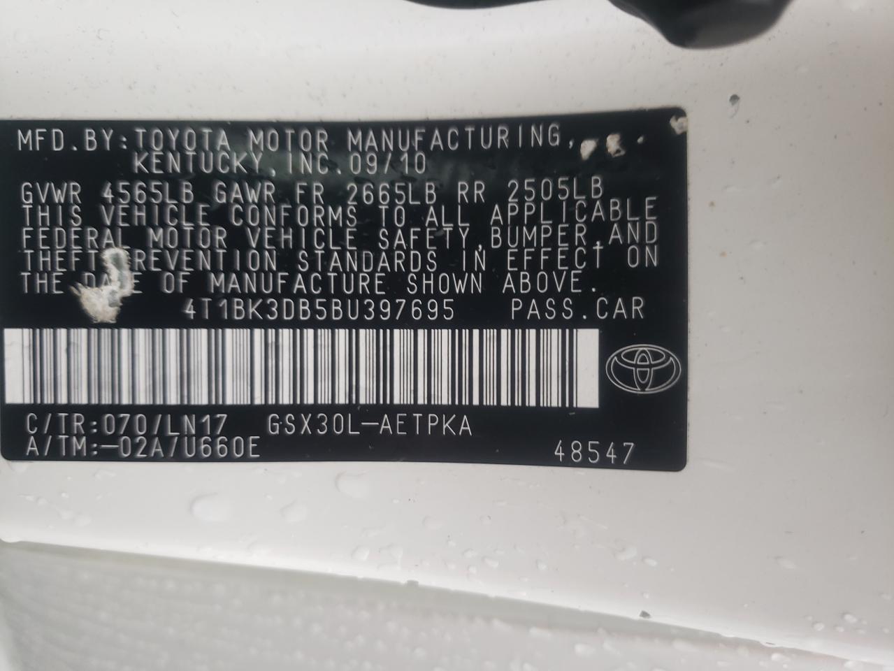 4T1BK3DB5BU397695 2011 Toyota Avalon Base