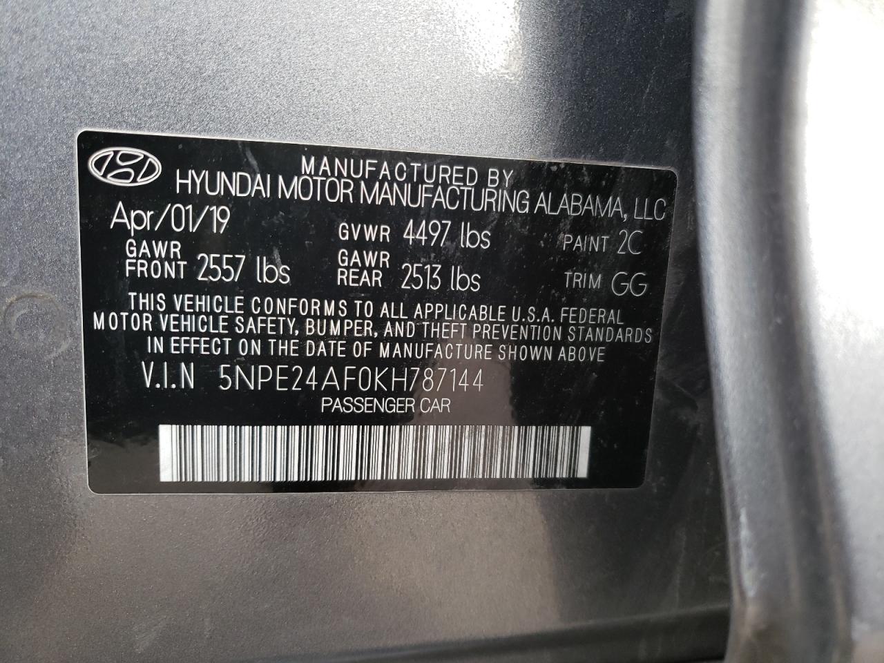 2019 Hyundai Sonata Se vin: 5NPE24AF0KH787144