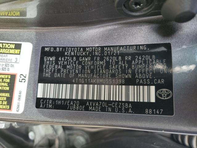 4T1G11AK8MU551398 | 2021 TOYOTA CAMRY SE