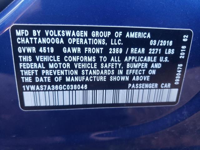 1VWAS7A36GC038046 | 2016 Volkswagen passat s