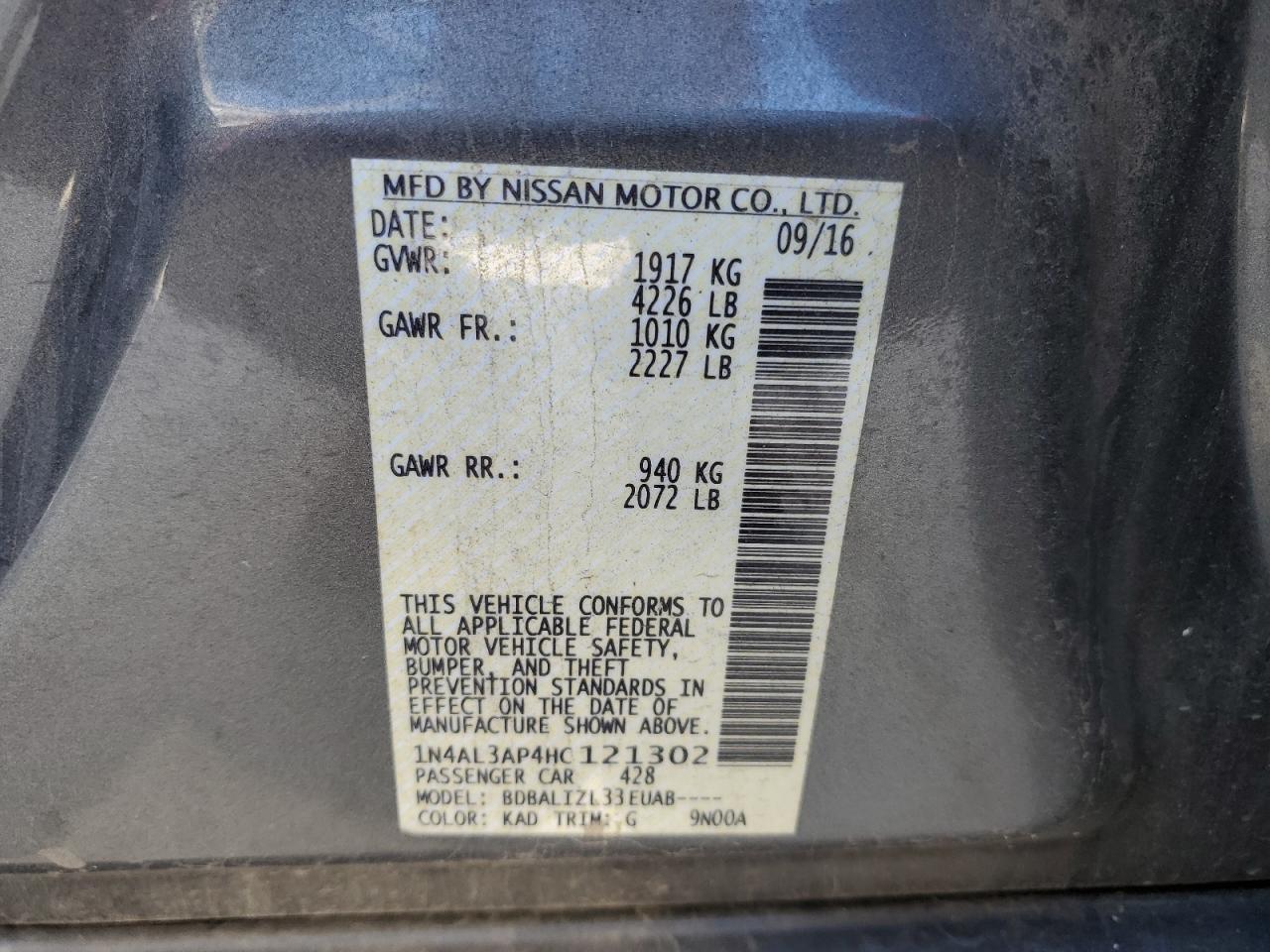 1N4AL3AP4HC121302 2017 Nissan Altima 2.5