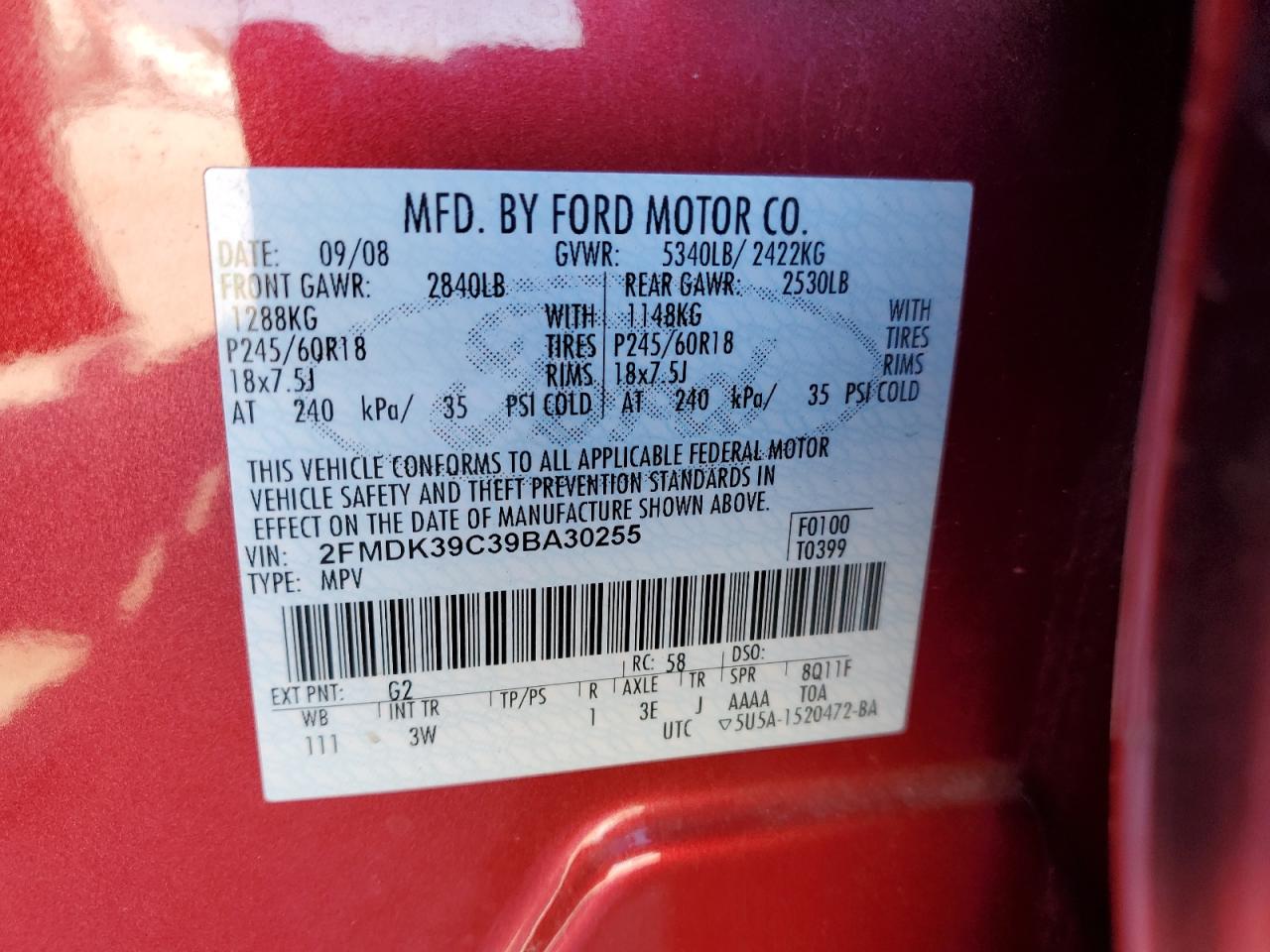 2FMDK39C39BA30255 2009 Ford Edge Limited