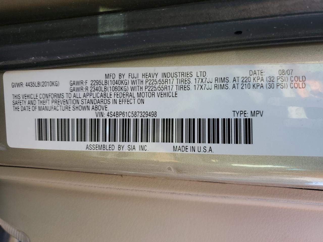 4S4BP61C587329498 2008 Subaru Outback 2.5I