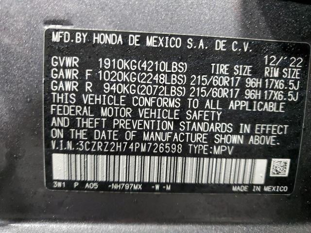 3CZRZ2H74PM726598 | 2023 Honda hr-v exl