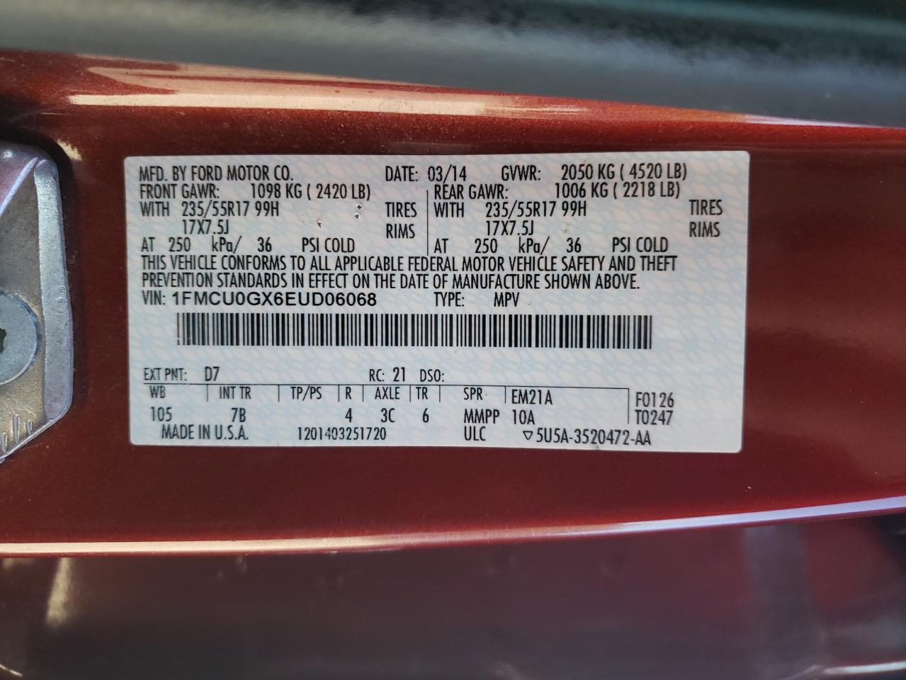 1FMCU0GX6EUD06068 2014 Ford Escape Se