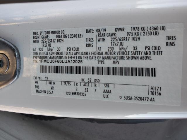 VIN 1FMCU0F60LUA12025 2020 Ford Escape, S no.12