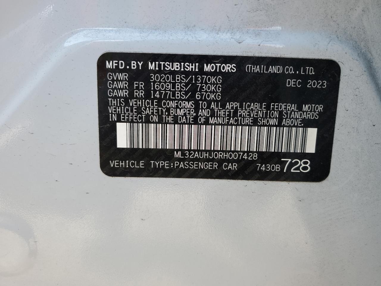 Lot #3006601383 2024 MITSUBISHI MIRAGE ES