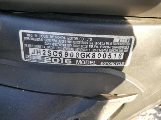 2016 HONDA CBR1000 RR JH2SC5908GK800518