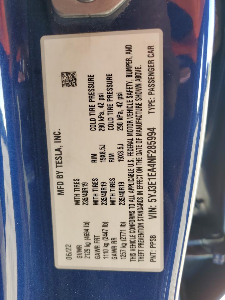 Lot #2980755392 2022 TESLA MODEL 3