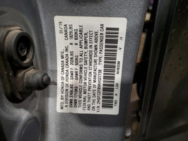 2HGFC2F89KH527738 2019 HONDA CIVIC