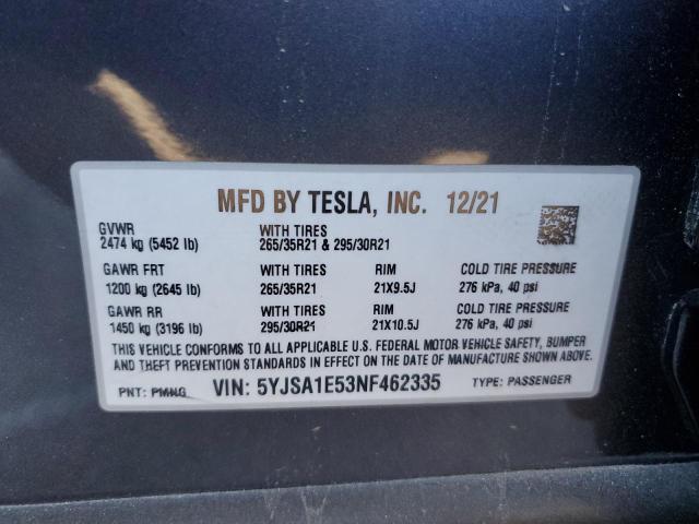 VIN 5YJSA1E53NF462335 2022 TESLA MODEL S no.12