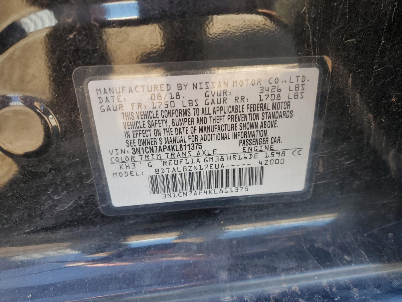 Lot #3027288300 2019 NISSAN VERSA S