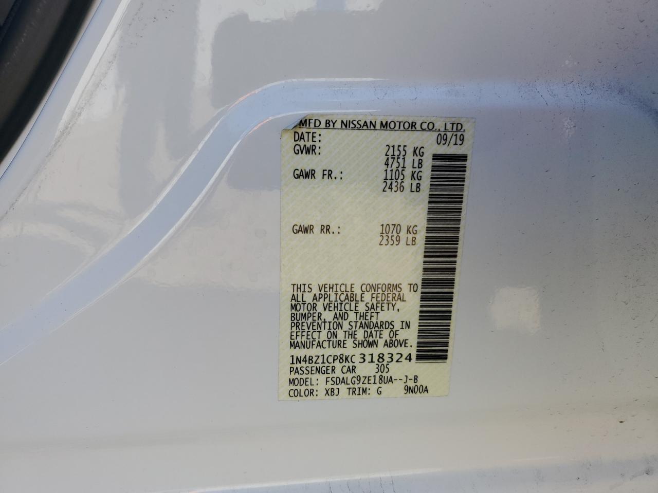 Lot #2986619254 2019 NISSAN LEAF S PLU