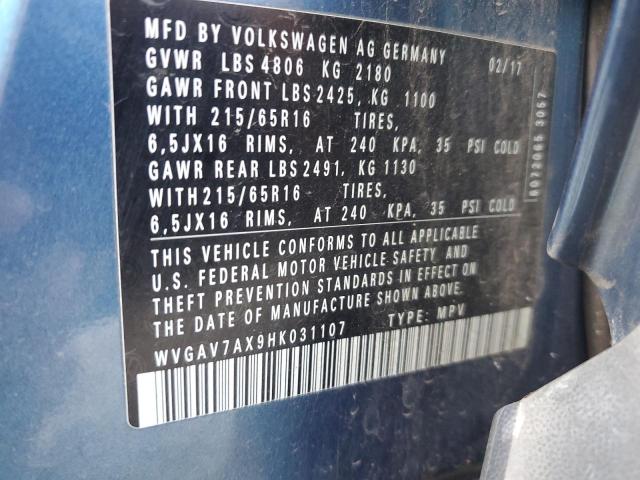 2017 VOLKSWAGEN TIGUAN S - WVGAV7AX9HK031107