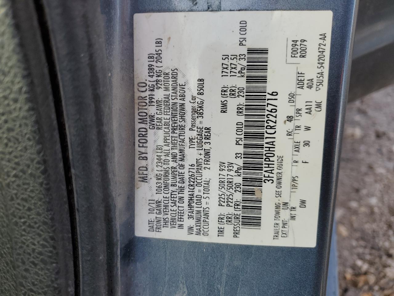 Lot #2992180271 2012 FORD FUSION SE