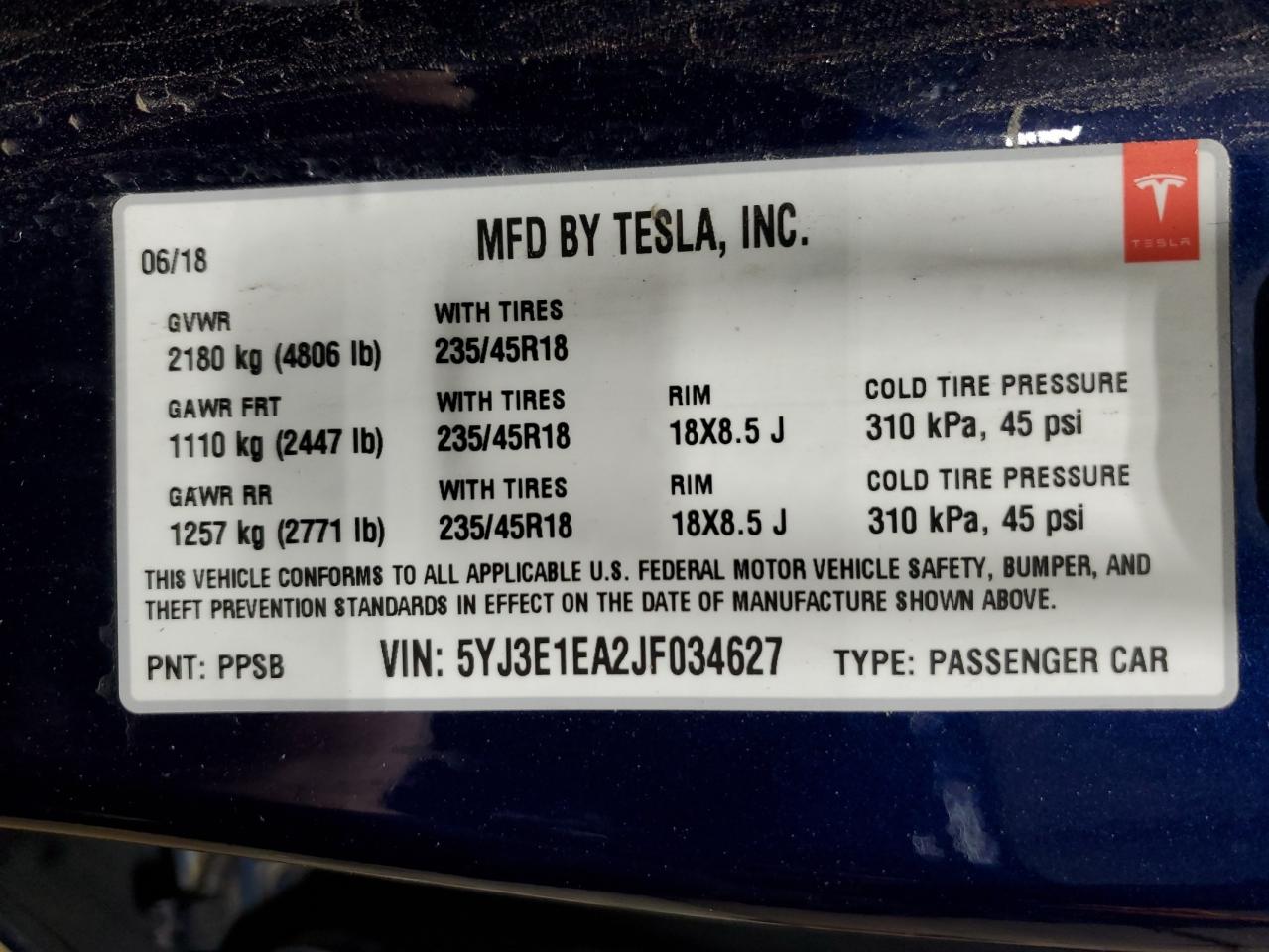 Lot #3020834759 2018 TESLA MODEL 3